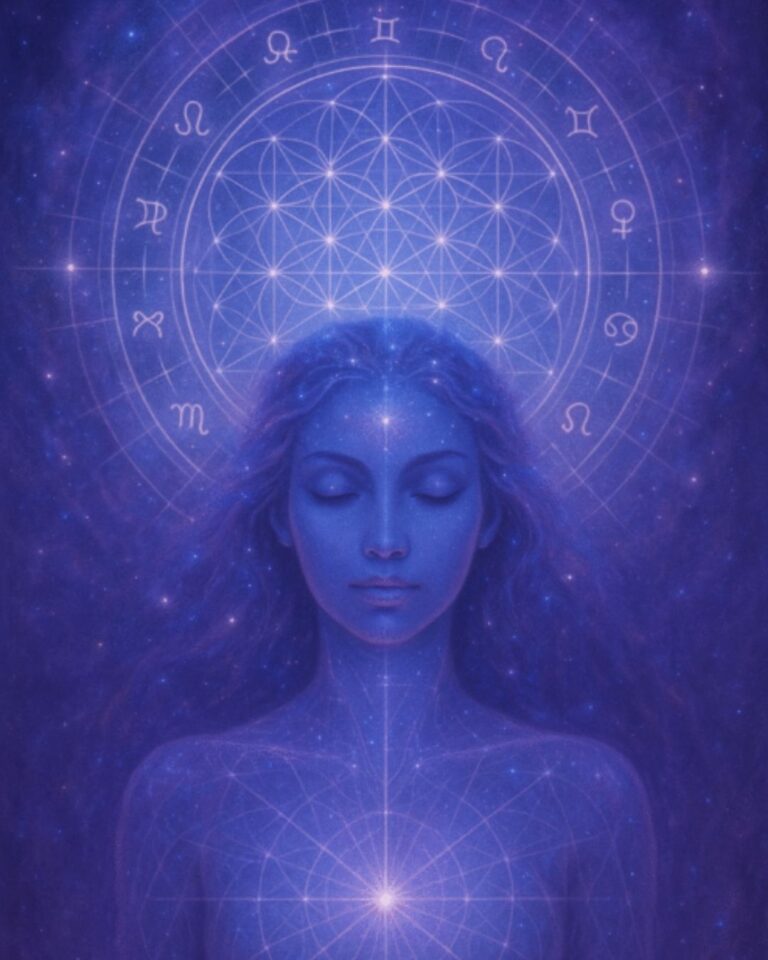 Mystical woman with blue and purple aura illuminating her divine blueprint with energy of sacred geometry and astrology symbols.