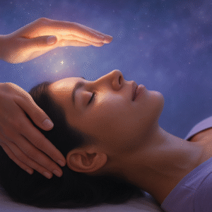 Reiki Master is placing hands above the client's head during a reiki healing session