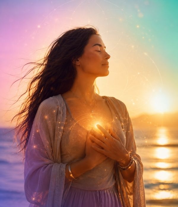 Woman with hands over heart at sunset representing Inner Star Wisdom 1:1 Healing Journeys