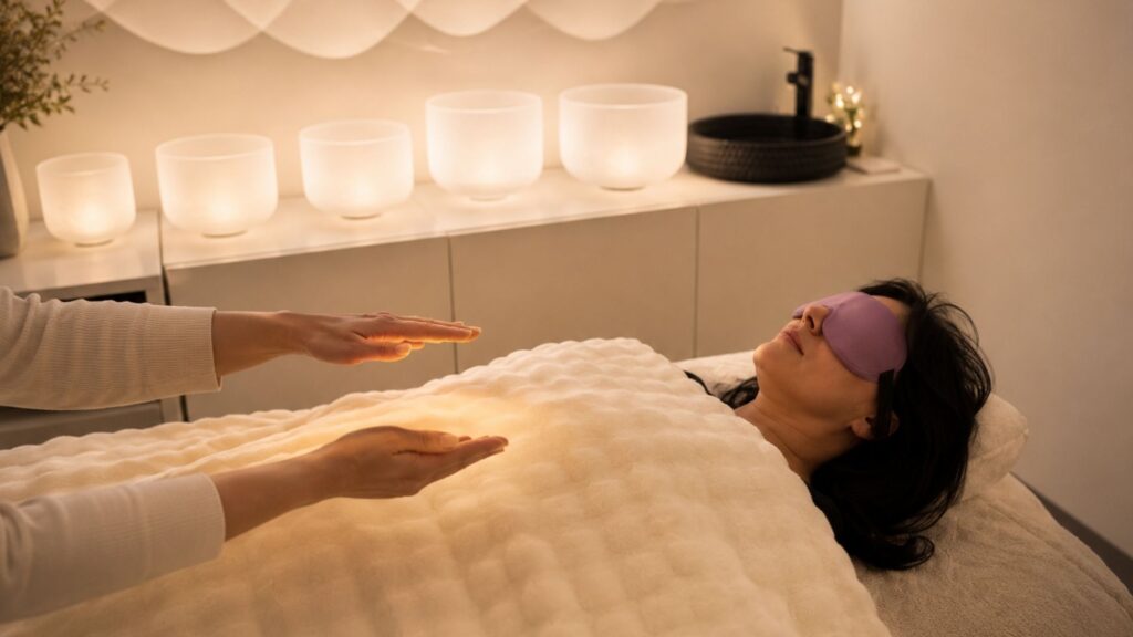 Woman receiving a reiki healing session with Lisa Lazo Foresman of Inner Star Wisdom in Dallas, TX